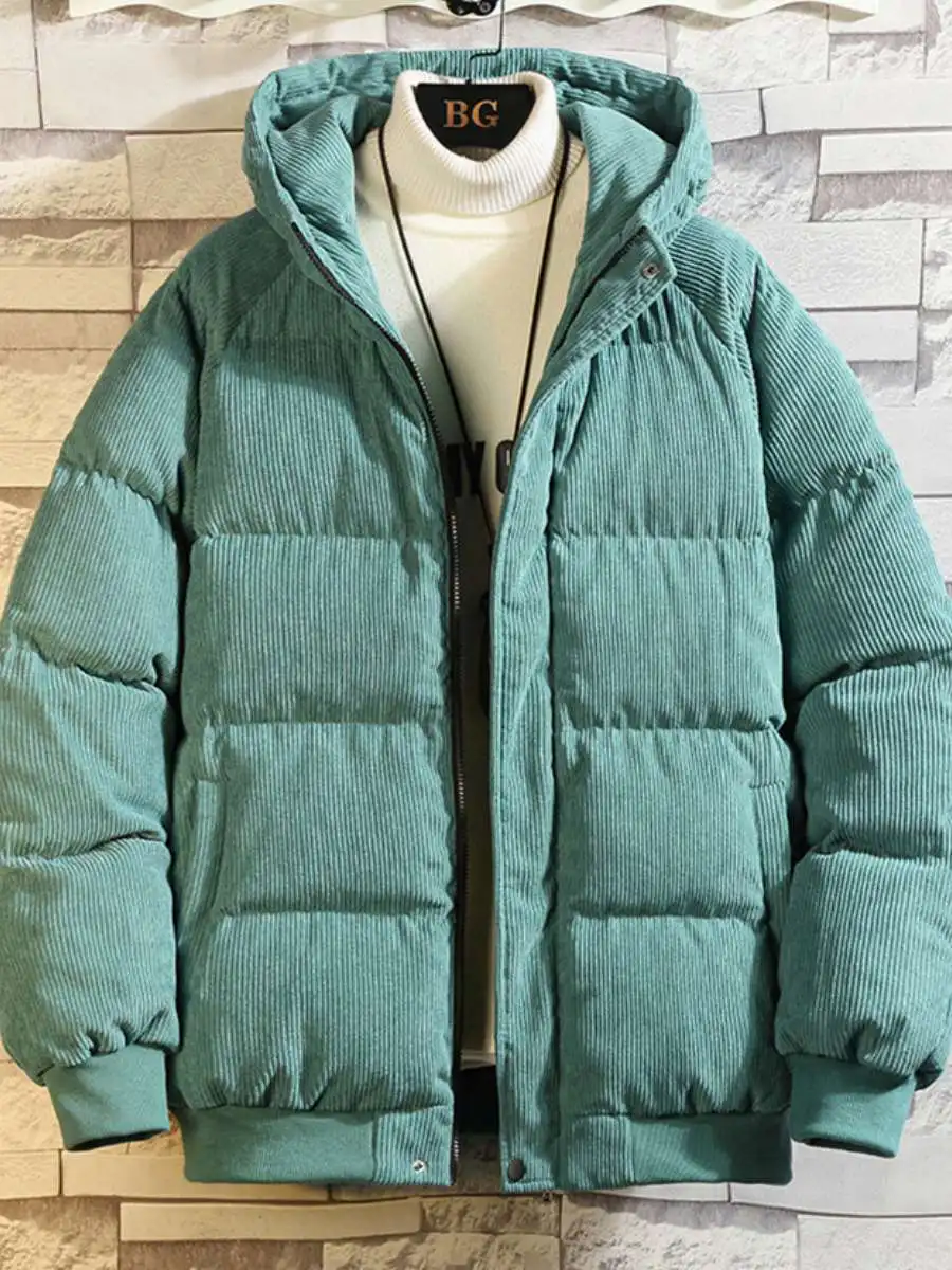 

Thiened Corduroy down Jaet Men's Winter Coat with Fce Warm Hood Long Zipper Color Casual Faion Brand