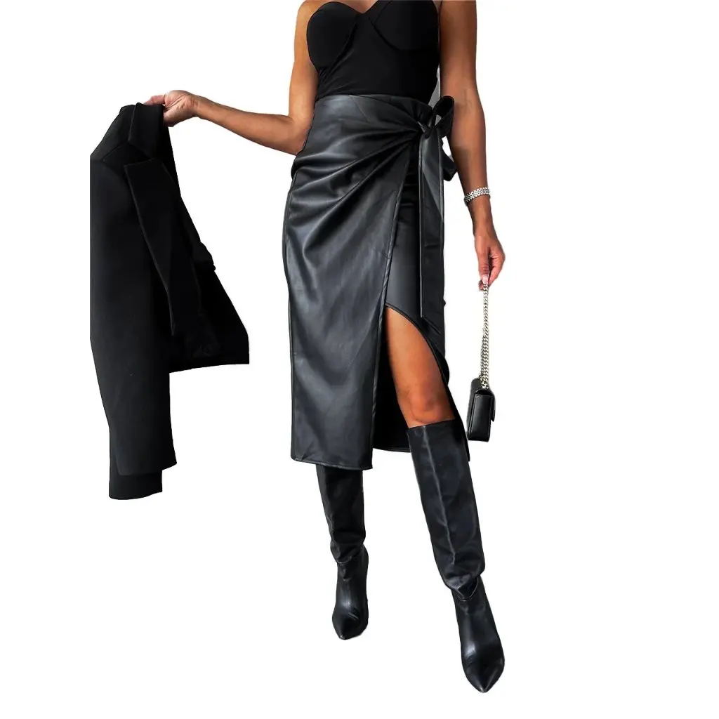 

Women's Punk Style Split Lace-Up High Waist Sexy Sheath Skirt Half-Length Leather Autumn Winter New Fashion European American