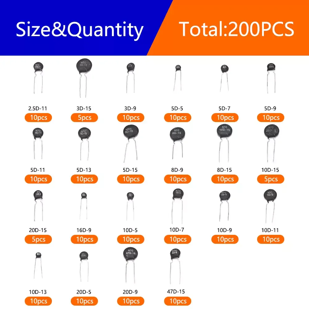 200PCS 22values NTC Thermistor Negative Temperature Kit 2.5D-11 3D-9 3D-15 5D-5 5D-9 5D-11 5D-13 5D-15 8D-9 8D-15 10-5 10D-7