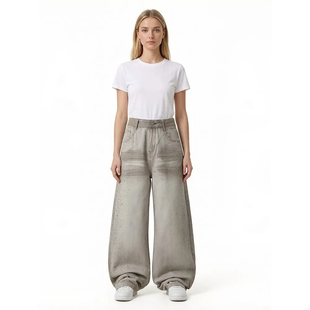 Distressed Dirty Bleached Washed Retro Gothic Grunge Loose Wide Leg Women's Jeans Pants Trousers for Women Men Streetwear