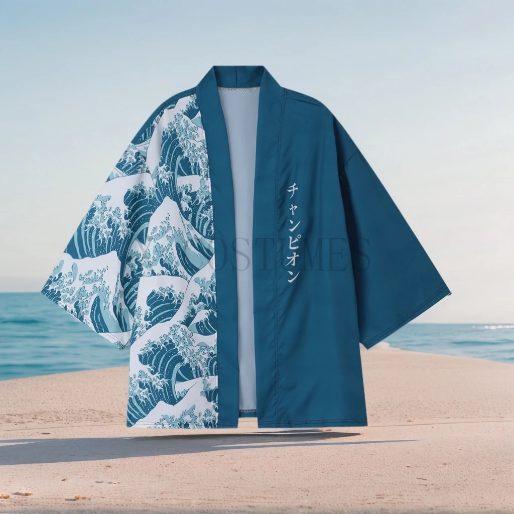 Cardigans Kimono pour hommes japonais ukiyoe vague de mer coupe ample chemise ouverte devant Kimono hommes bleu décontracté chemise d'été chemise de plage