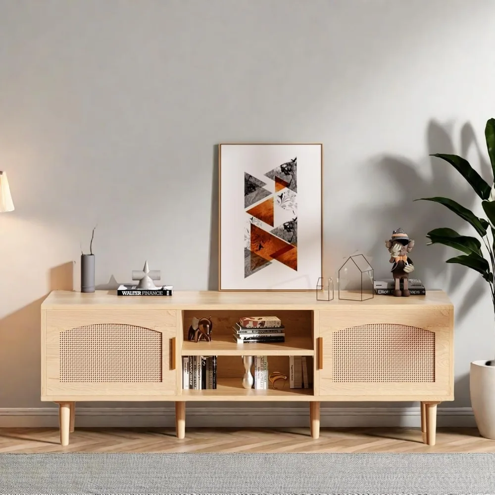 حامل تلفزيون، وحدة تحكم تلفزيون وسائط للتلفزيون حتى 60 بوصة، مركز ترفيه مخدد مع بابين بتصميم روطان، وخزانة تلفزيون بأرجل خشبية و #5