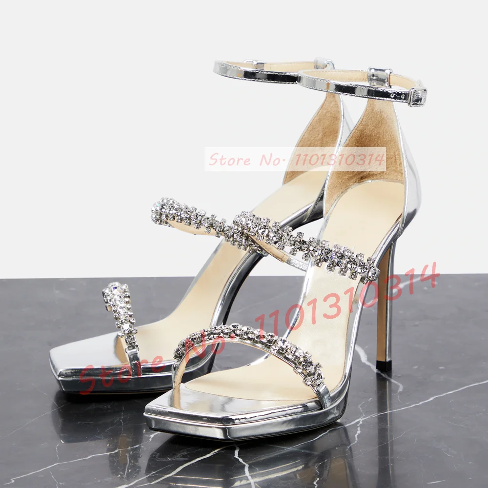 Crystal-chain Square Toe Sandals High Heels Women Bling Silver Low Platform Thin Heel Shoes Lady Casual Luxury Strap Sandals