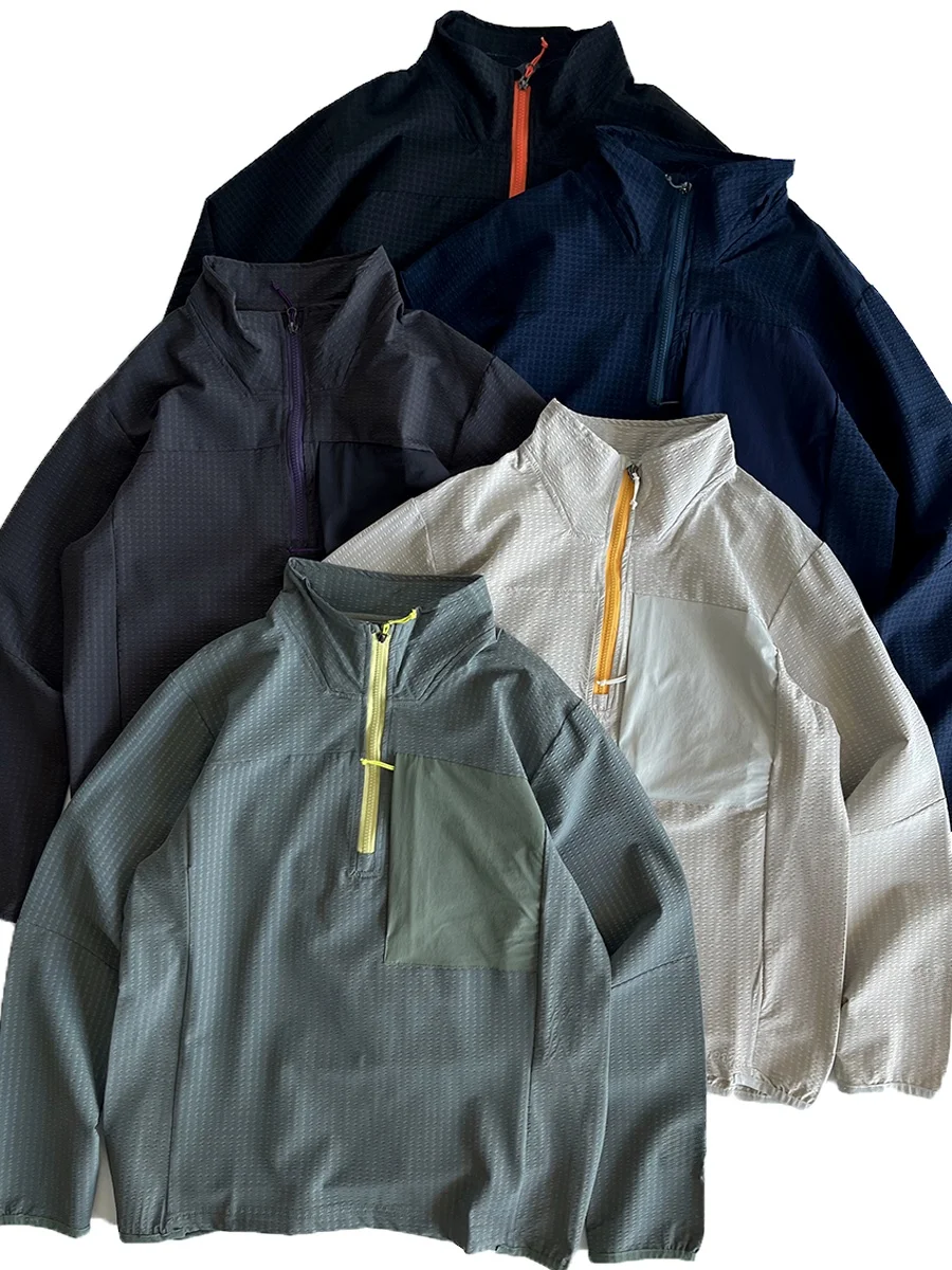 

Loose Fit Color Blo Pleated Stand Collar Jaet Outdoor Workwear Sweatirt Trendy Autumn Polyester Long Sve Youth