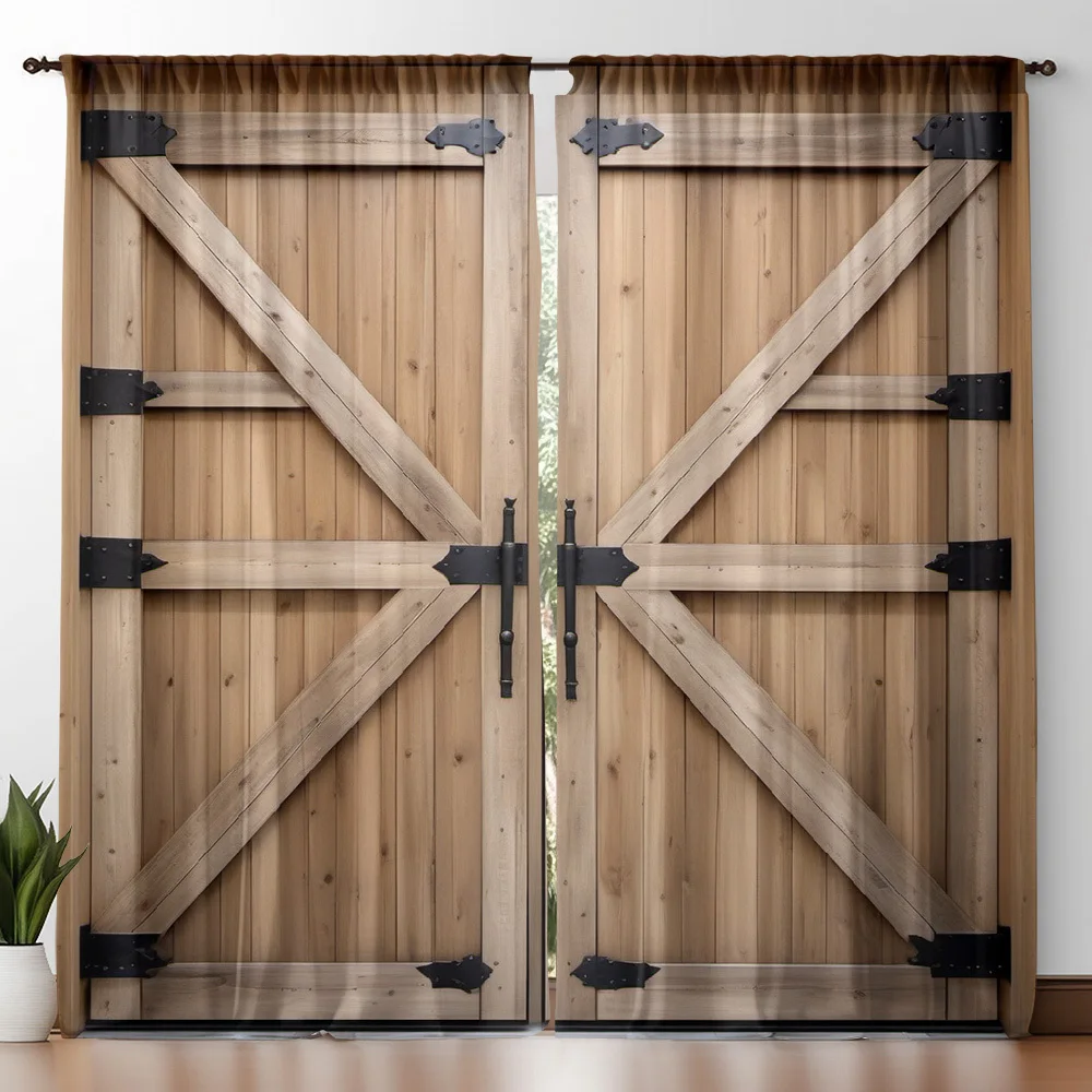 2pcs Rustic Wooden Barn Door Farmhouse Style Curtain for Kitchen Living Room Country Chic Decor Drape