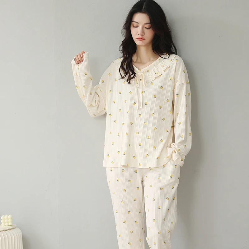 Pajama Sets Women Elegant V-Neck Japanese Style Students Spring Homewear Casual Simple Floral Elastic Waist Long Sleeve Popular