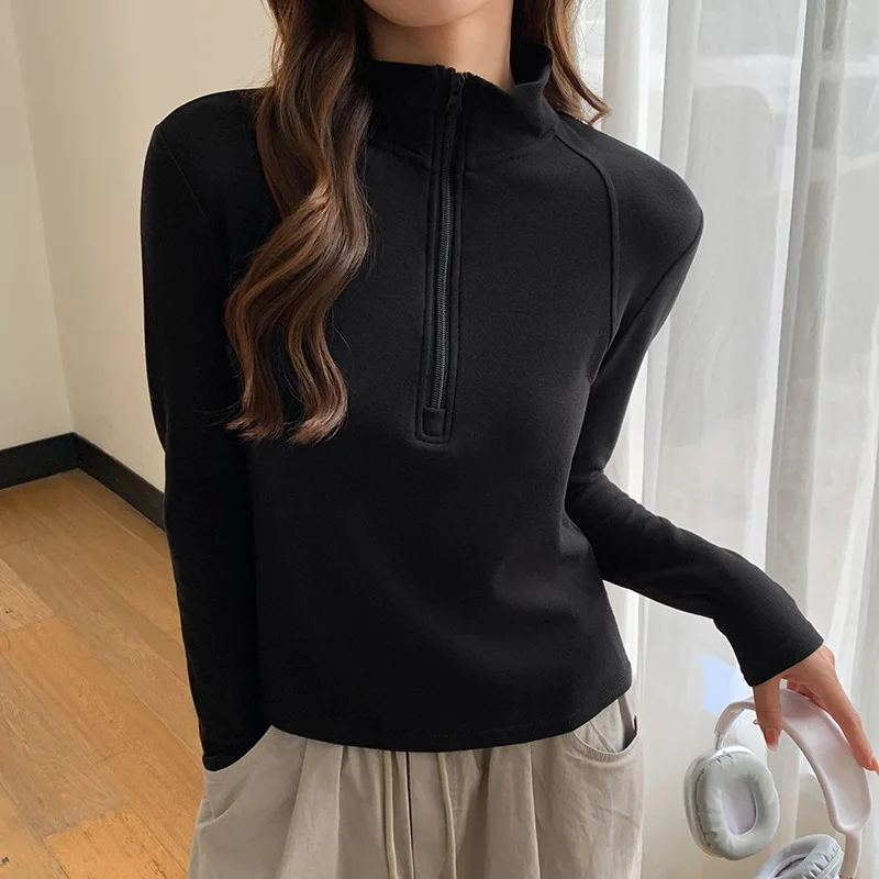 Brushed Half Zipper Pullover Women Autumn Winter Stand Up Collar Sweatshirt Korean Casual Loose Fit Sporty Pullover Tops