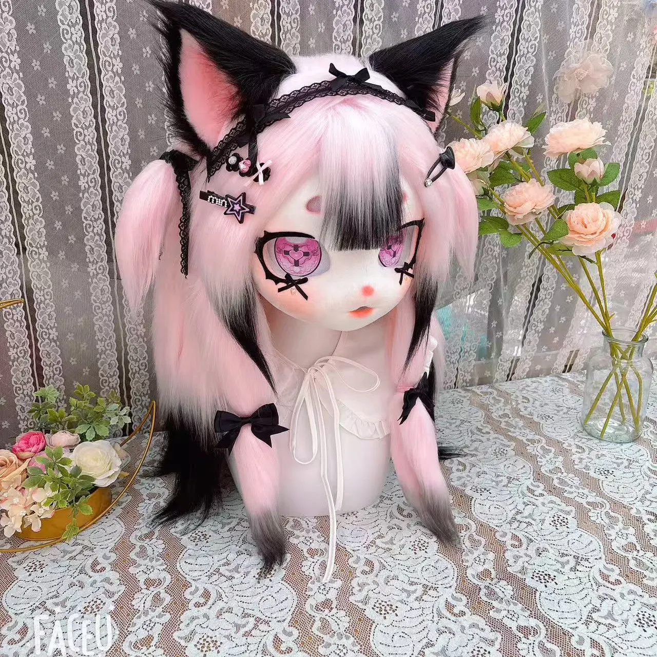 Kids Anime Fursuit Kigurumi Harige Cosplay Kostuum Blauw Haar Hoofd Poot Staart Schoenen Comiket Furries Pop Kig Masker Leeftijd 5 tot 18 Gift