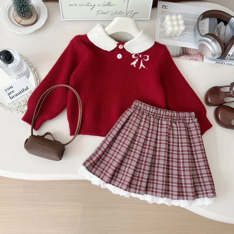 

Children's Outfit Set Skirt New Autumn Girl Stylish Knitted Sweater Turn-down Collar Top Christmas Plaid Short Skirt Two-piece S