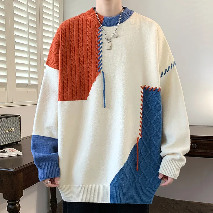 فضفاض الرجال محبوك سترة المرقعة شرابة طويلة الأكمام جولة الرقبة الدافئة ملابس خارجية عارضة أزياء الخريف الشتاء نمط الشباب