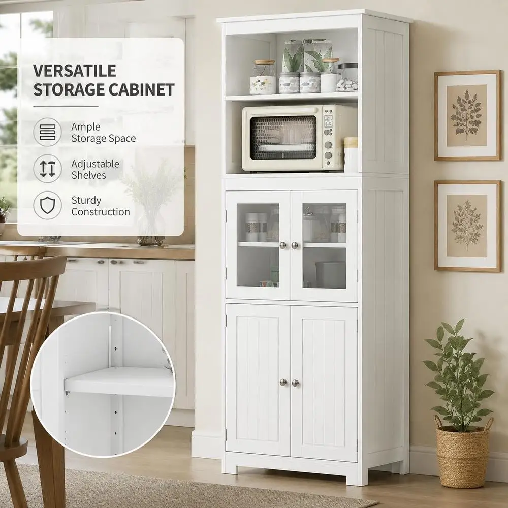 Buffet de cuisine avec niches, placards et portes vitrées, étagère réglable, dimensions L x P x H cm, blanc
