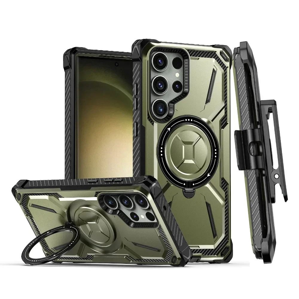 For Samsung Galaxy S23 S22 S24 S25 Ultra Plus Armor Rugged For MagSafe Magnetic Phone Case With Ring Holder Belt Clip Holster