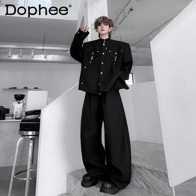 

Men's 2025 Autumn New 2pcs Metal Buckle Decoration Design Short Jacket Coats Men's High-End Trendy Wide-Leg Chic Long Pants Sets