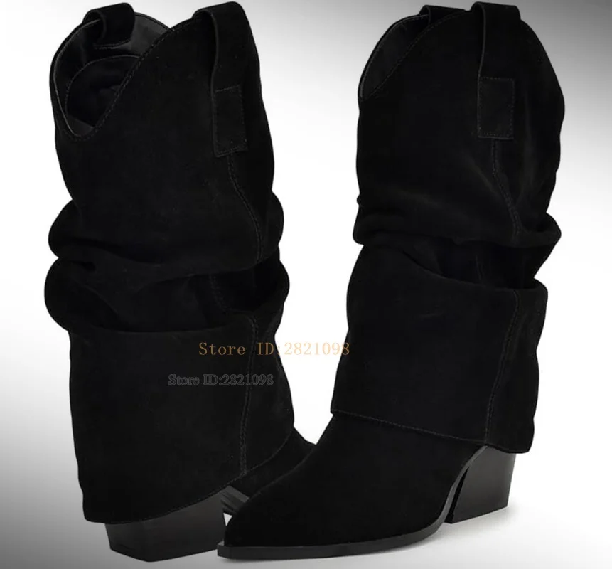 

Mid-Calf Slouchy Cowl Pull On Footwear Suede Leathe Stacked Block Heels Pointed Toe Silhouette Women Knight Boot