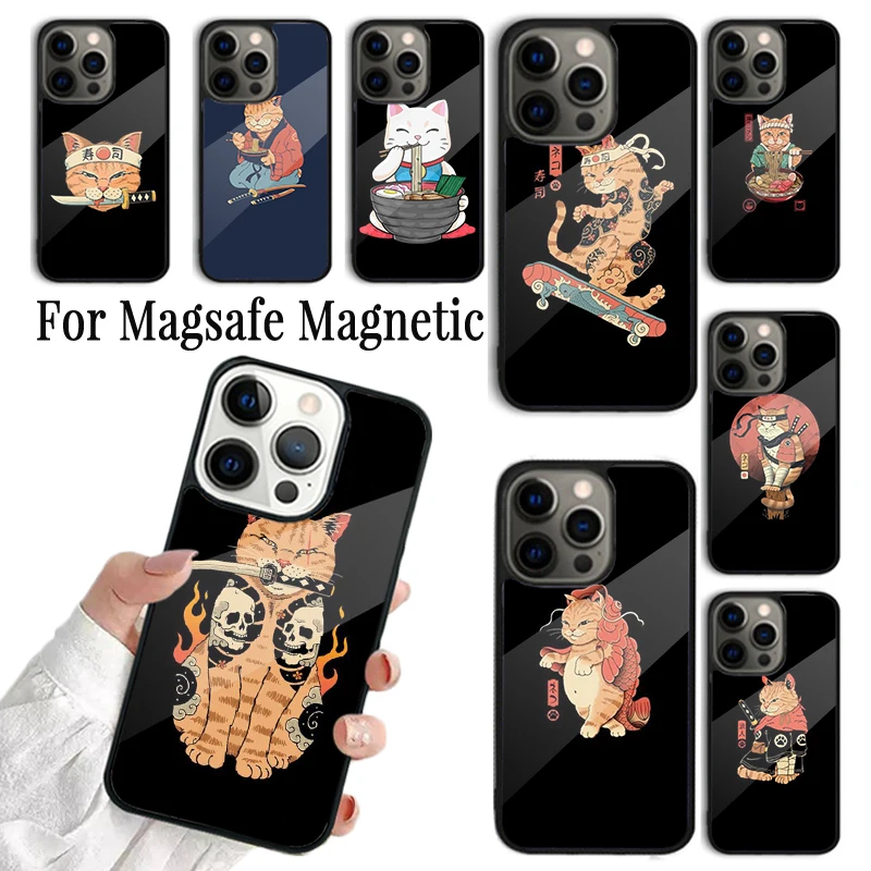 Coque Phone Case For iPhone 16 15 14 13 12 11 Pro Max Plus Magsafe Magnetic Wireless Cover Ukiyo-e Samurai Cat Neko Ramen