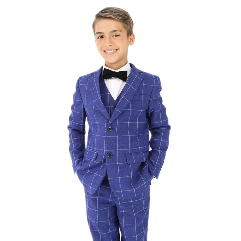 

Синий формальный клетчатый пиджак для мальчиков, жилет, брюки, галстук-бабочка, костюм из 4 предметов, детский элегантный наряд для фотосъемки на свадьбу, день рождения и выпускной