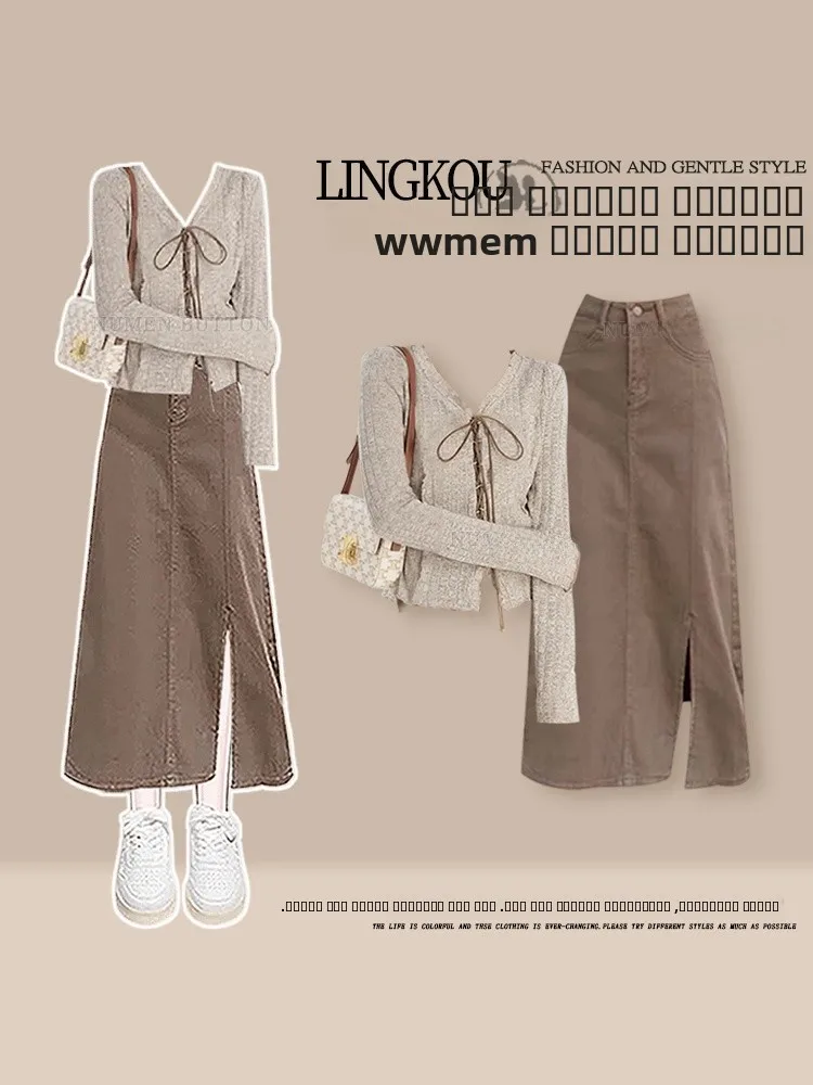 

Elegant plus Size Autumn Set Women's Age-Defying Belted Slim Knitwear with Slit Denim Skirt Two-Piece Ensemble