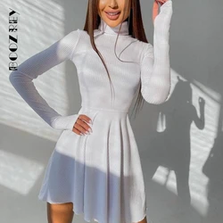 BoozRey-vestido de cuello alto liso para mujer, Falda plisada de manga larga de punto, ropa de calle informal