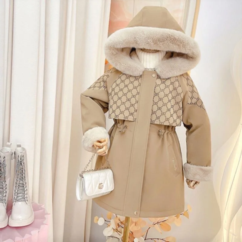 Winter Girls Overcoat Thickened Windbreaker Fashion Hooded Jacket Parka Clothes Medium Long Kids Coat Plaid Children Outerwear