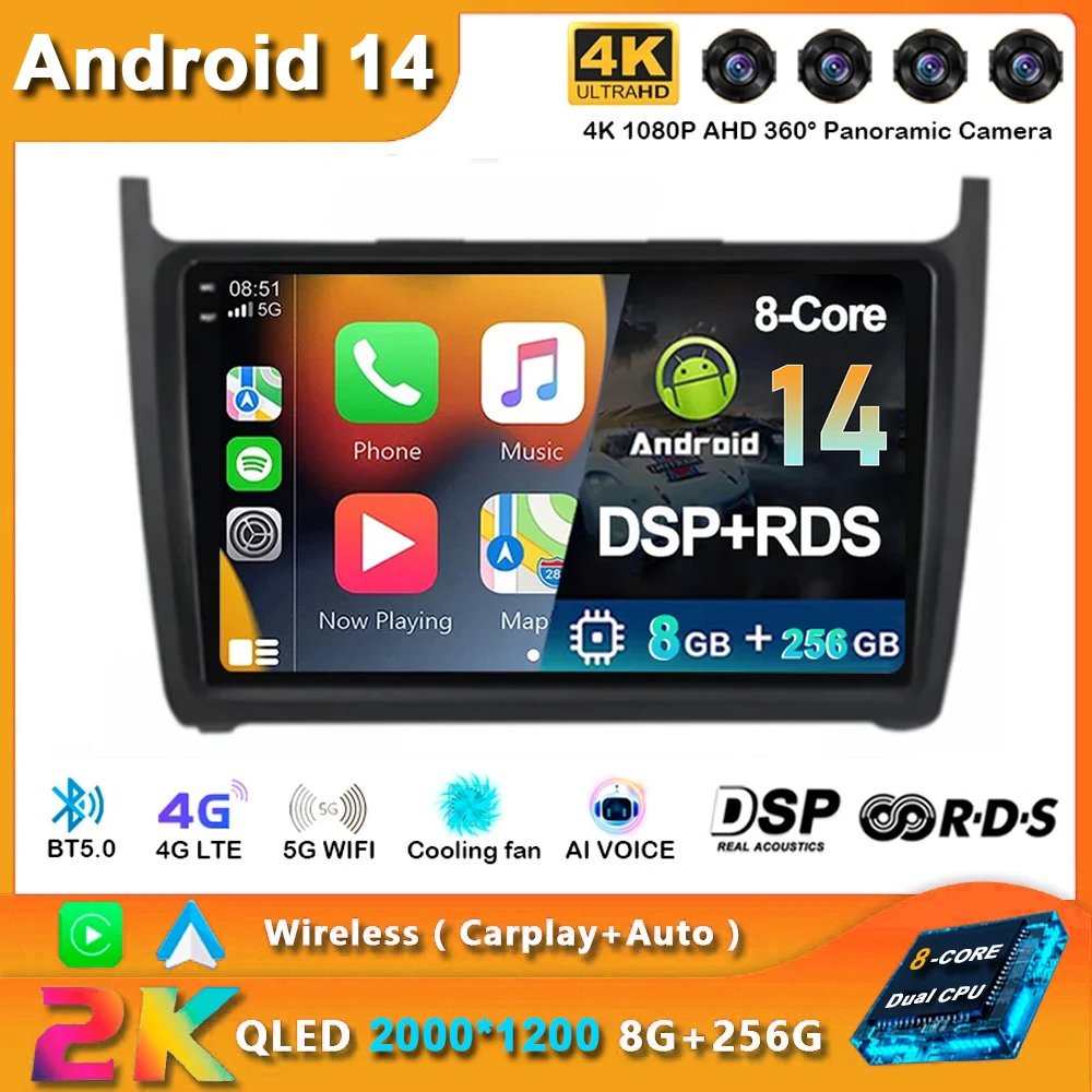 Android  14 Voice Wireless CarPlay Auto Radio For VW Volkswagen POLO 5 sedan 2008-2020 4G Car Multimedia GPS 2din