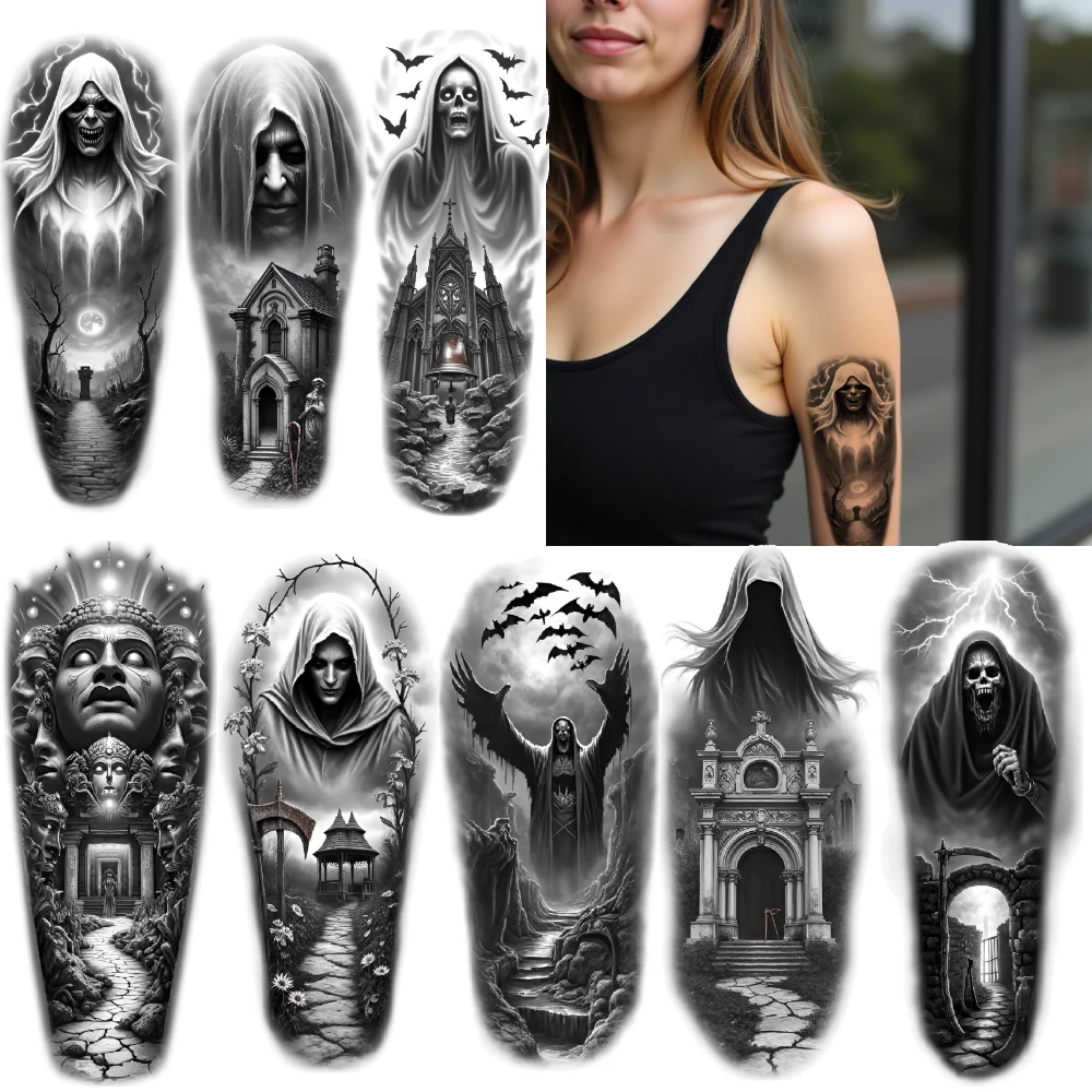 Autocollants de tatouage temporaire imperméables et durables, 3 pièces, arc de tour d'horloge, réalisme noir et gris, figurine à capuche pour bras