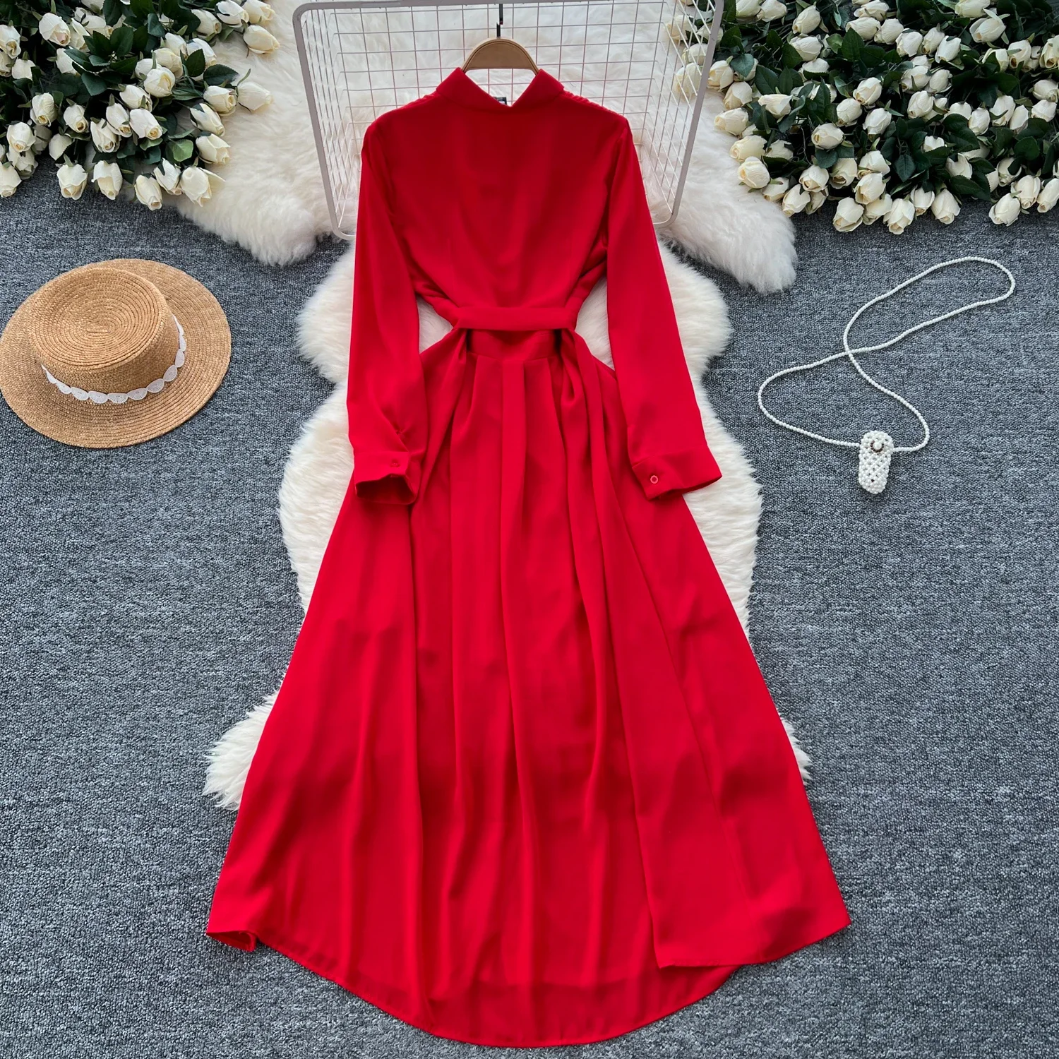 French Vintage Elegant  Long Sleeve Single Breasted Lapel Dress A-line Casual Women Fashion Autumn Spring Vestidos