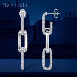 Sweetrain 18k Plated All Moissanite Earrings 925 Sterling Silver Paperclip Link Drop Dangle Earrings for Women Trendy Jewelry