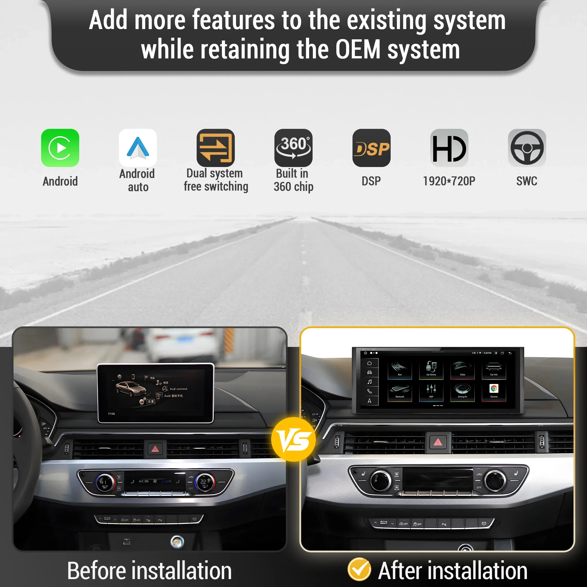 10.25 inch For Audi A4 A5 Q5 B9 2016-2023 Android 14 LHD RHD Car Radio Wireless BT Carplay Qualcomm Snapdragon 680 Touch Screen