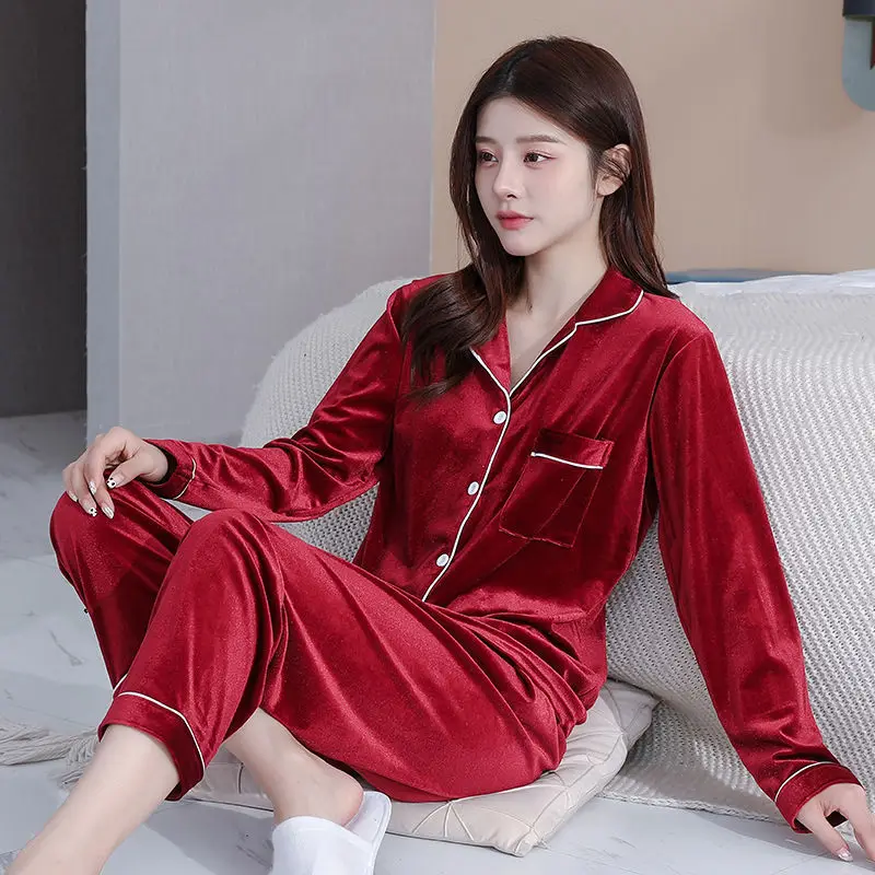 GoldenVelvet Pajamas Spring Autumn High-end Foreign Style Women's Long-sleeved Trousers Young Beautiful Go Out Loungewear Winter