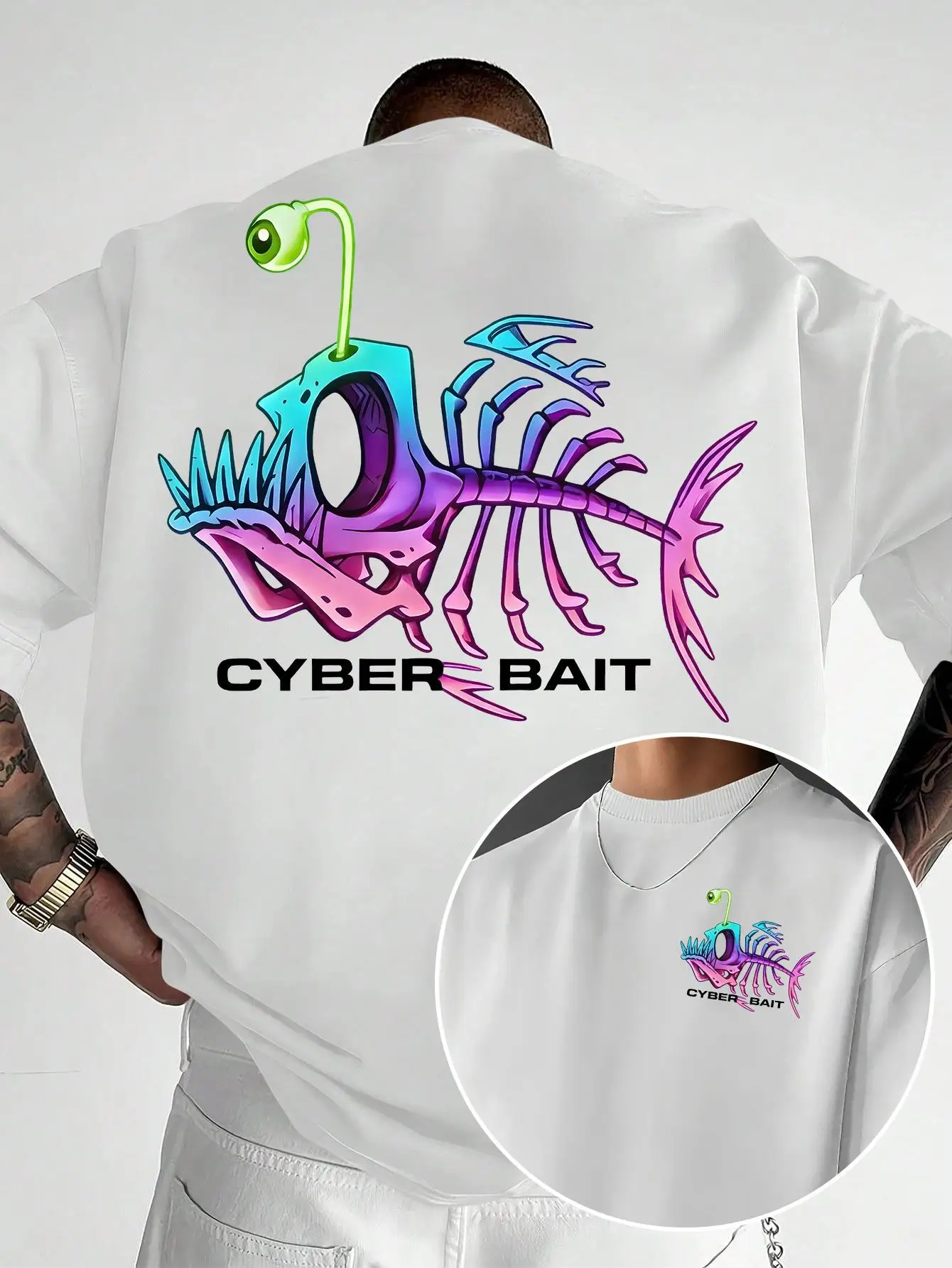 Men's Cyberpunk Neon Fishbone Themed Trendy Printed T-Shirt, Soft and Breathable to the Touch, with a Drop Shoulder Cut, Suitable for All Body Types.Wear It Alone for a Refreshing Feel During Sports, or for a Relaxed Look at Home
