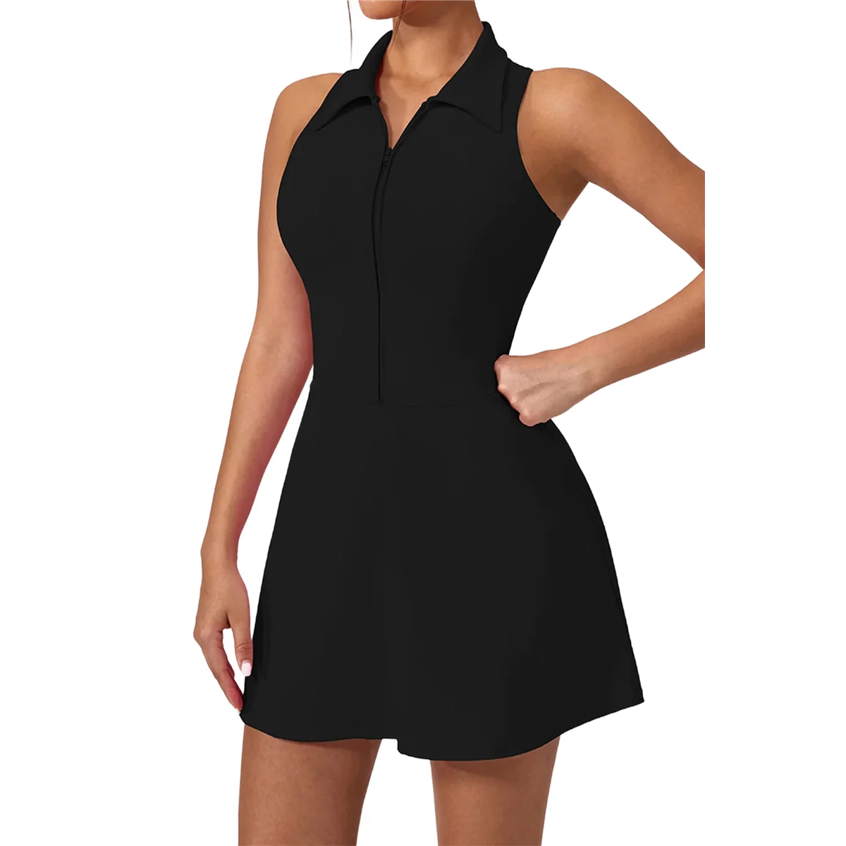 

Womens Zip Front Tennis Dress Polo Collar Racer Back Workout Golf Dresses Build in Shorts with Pockets