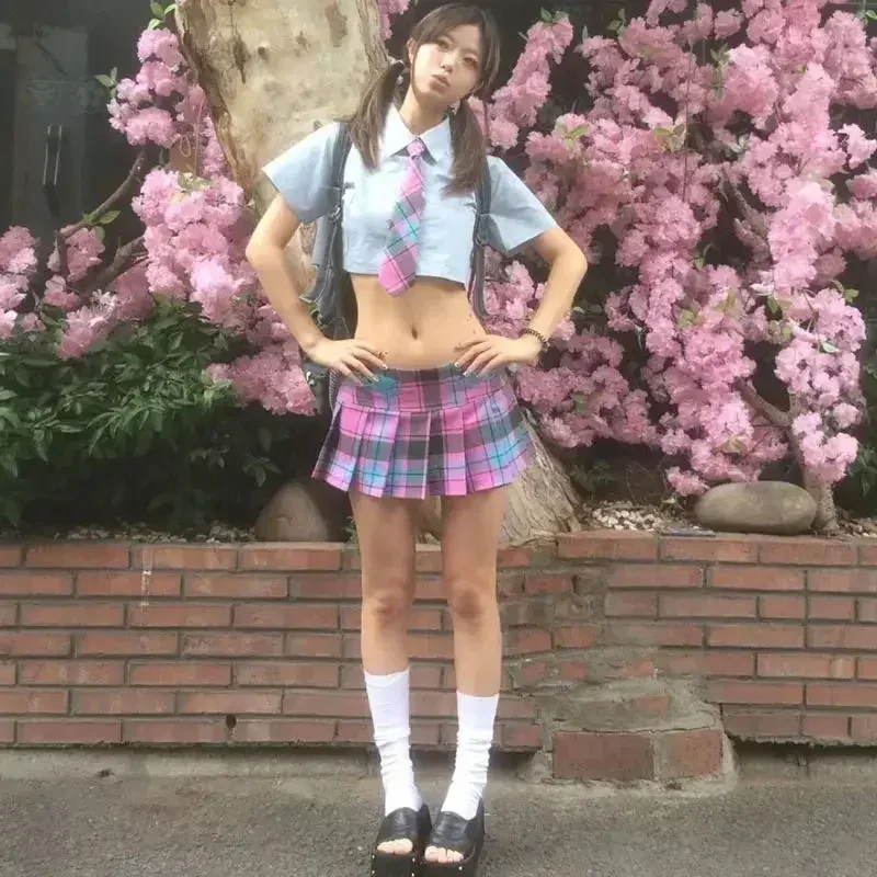 Y2k 2025 Harajuku Kawaii Pink Plaid Skirts Preppy Style Girls Sexy JK Pleated Mini Skirts with Shorts Kawaii Women Skirts