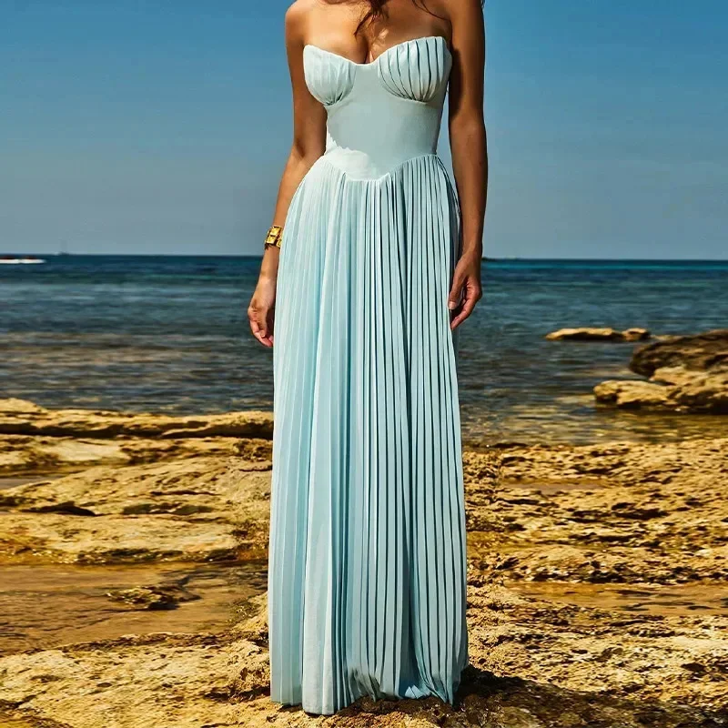 Elegant Pleated Hem Maxi Dresses Women Sexy Corset Wrap Luxury Sleeveless High Waist A Line Robe Summer Holiday Party Vestidos