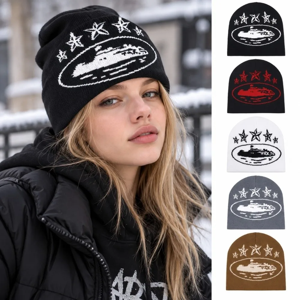 Warm Knitted Knit Beanie Hat Stretchy Windproof Street Hat Soft Star Jacquard Pattern Winter Hat For Men Women