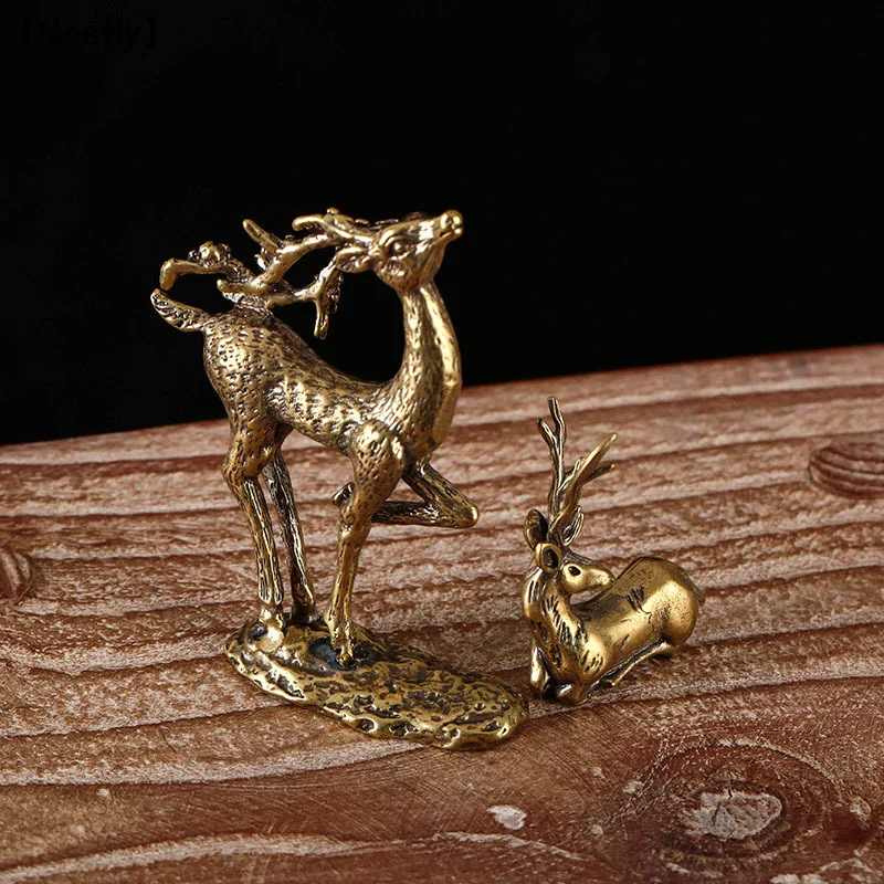 1PC Retro Brass Elk Miniature Figurine Mini Deer Statue Home Desktop Ornament Decors Festival Decoration Accessories〔Nest〕