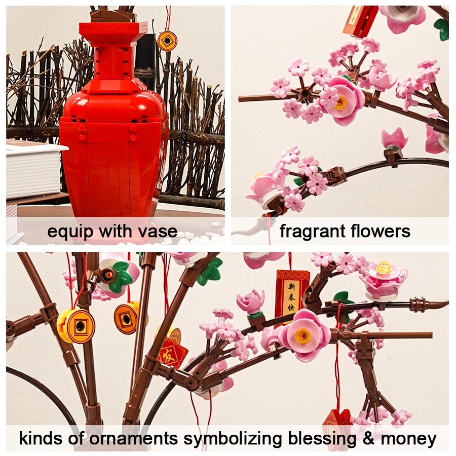 Peach Flower Bouquet with Vase Building Kit Blocks Creative Home Decoration Flora Bricks Kids Toys Gifts for Adults Girlfriend