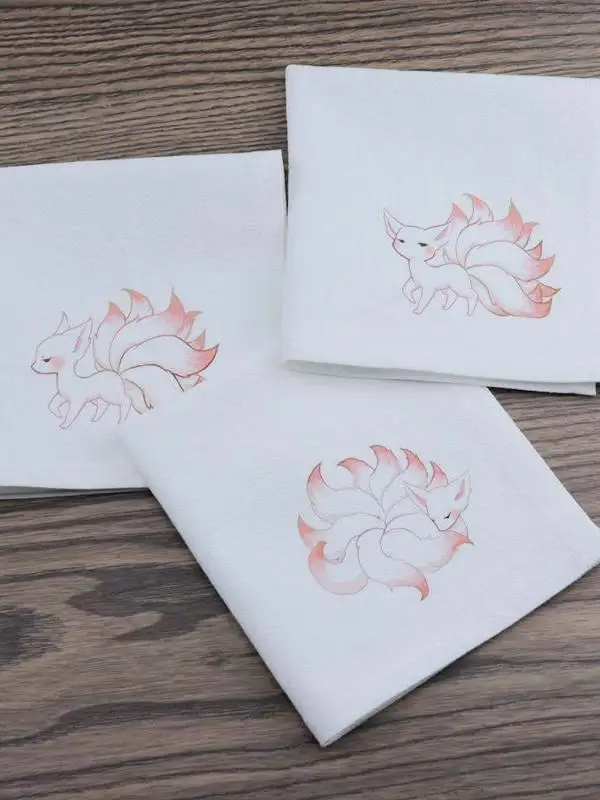 Chinese Style Hand Painted Nine Tailed Fox Cotton Square Handkerchief Traditional Hanfu Accessory Soft Absorbent Portable Sweat