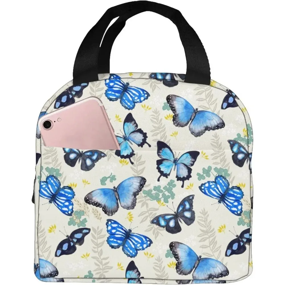 

Blue Butterfly Lunch Bag Portable Insulated Lunch Box Reusable Cooler Thermal Meal Tote for Women Girls Work School Picnic