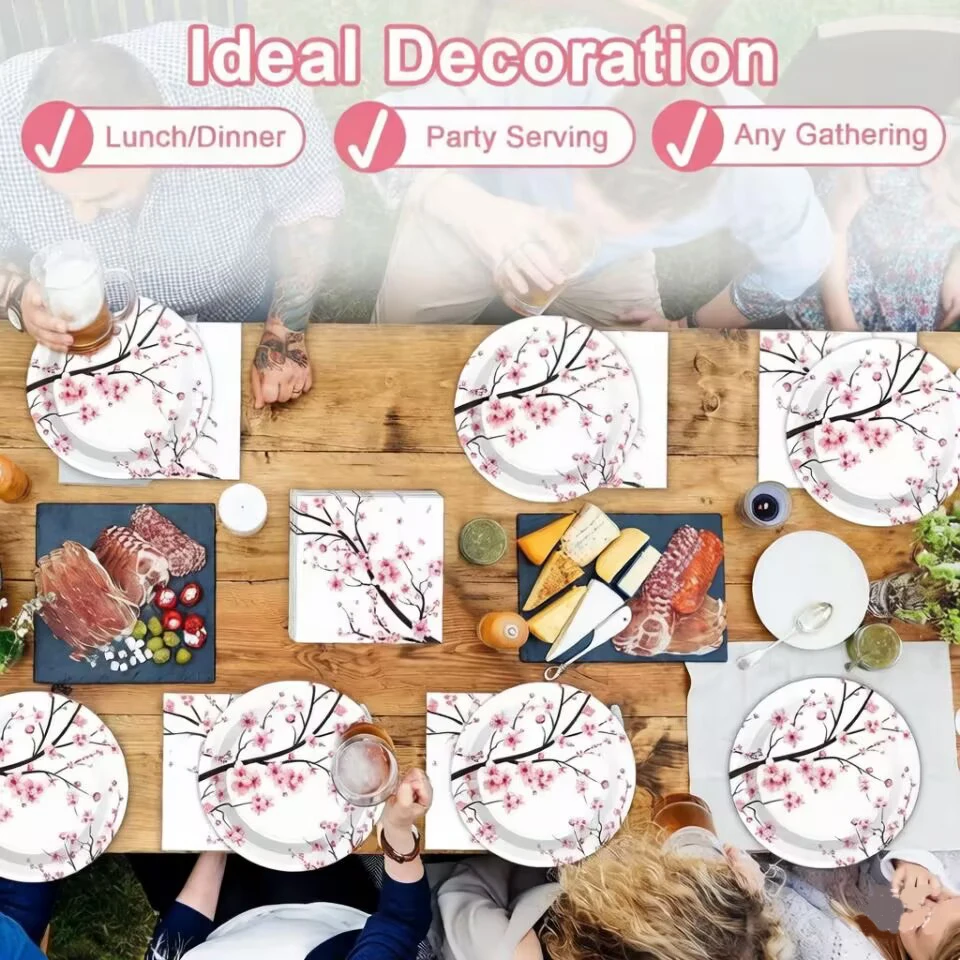 Neues Rosa Kirschblüten Einweggeschirr, Pappteller, Becher, Servietten, Tischdecken, Strohhalme, Hochzeits-, Geburtstagsparty-Zubehör – Detail 7