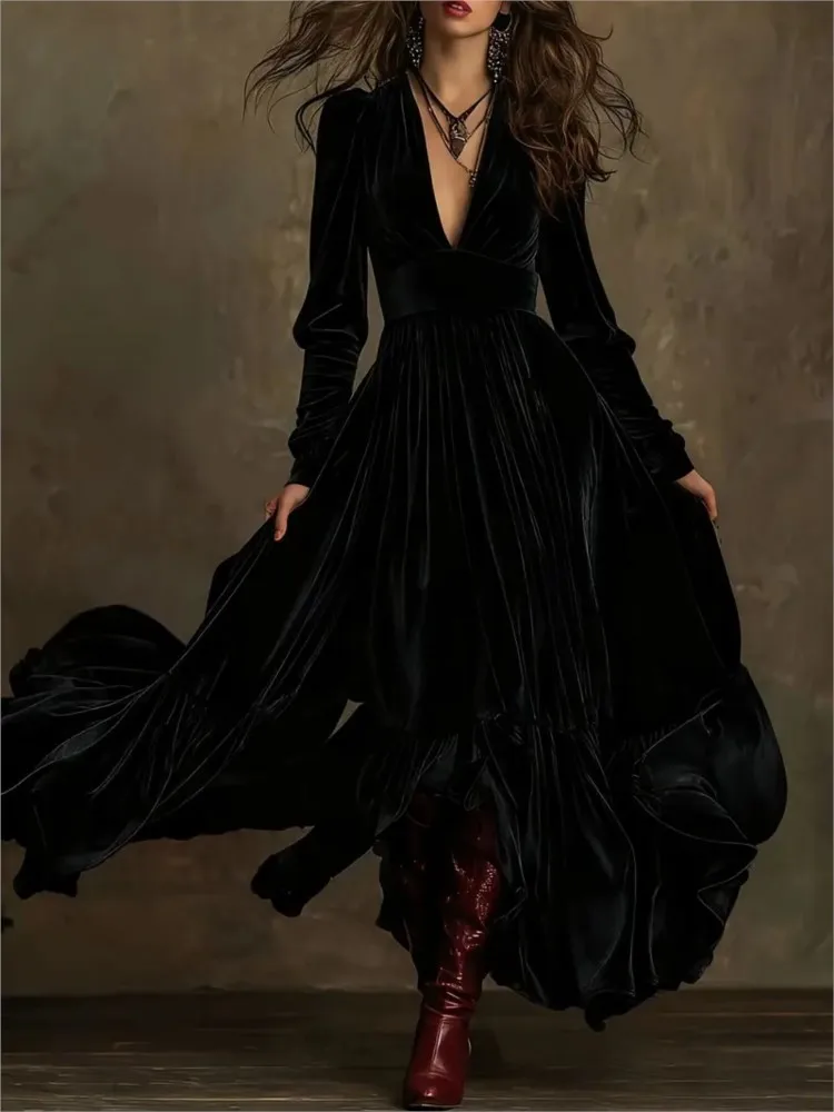 Nuevo vestido Retro plisado de terciopelo de cintura alta para mujer, vestido largo sexi con escote en V profundo, vestido largo holgado de manga larga para Otoño e Invierno