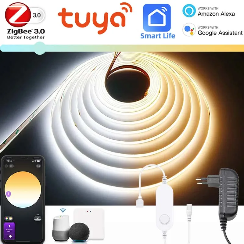 

Комплект светодиодных лент DC24V Zigbee3.0 CCT, двойной белый, 608 светодиодов/м, регулировка цветовой температуры, затемнение, приложение Tuya, голосовое управление для Alexa Google