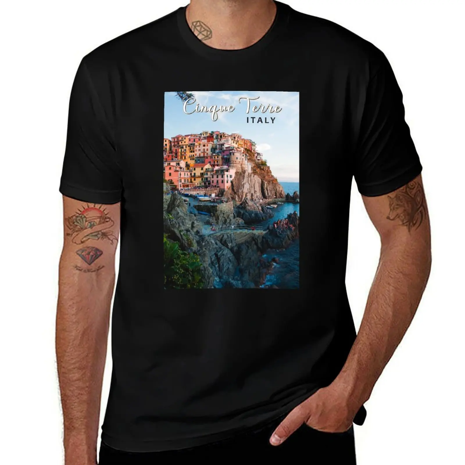 Cinque Terre Italy Watercolor Vintage T-Shirt Water Resistant Casual T-Shirt