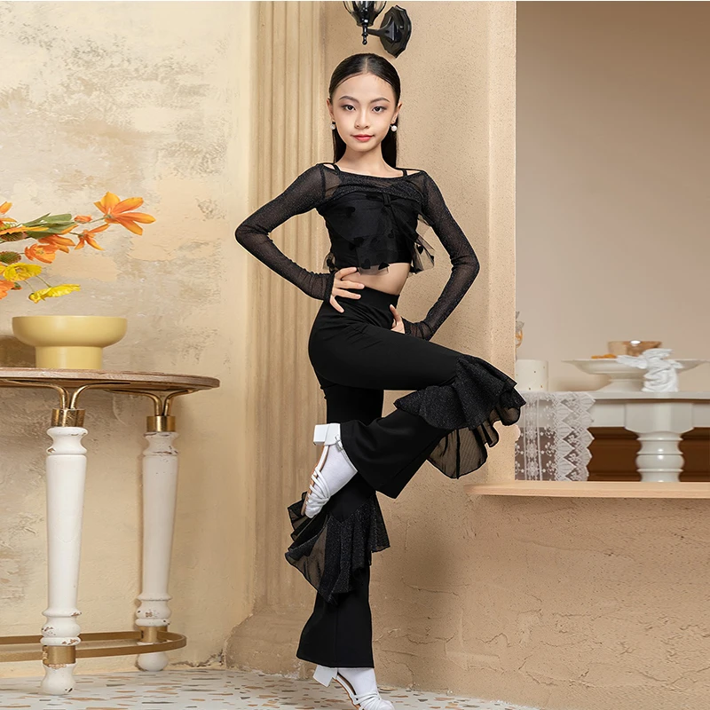 

2025 New Latin Dance Suit Girls Prom Dance Bodysuit Pants Vest 3 PCS Set Black Cha cha Clothing Kid Practice Dance Wear XH1909