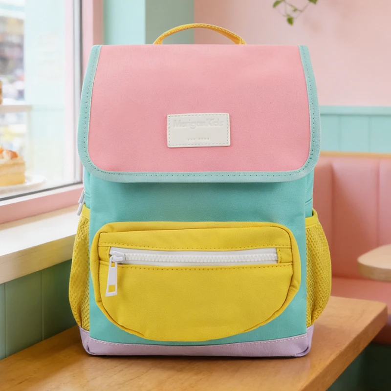 Kids Pastel Color Block Toddler Backpack Waterproof Oxford Flap Kindergarten Preschool Bag with Mesh Side Pockets for Girls Boys