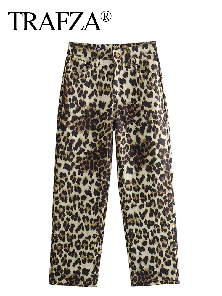 

TRAFZA Female New Chic Casual Leopard Print High Waist Straight Pants Woman Fashion Button Decoration Streetwear Slim Trousers