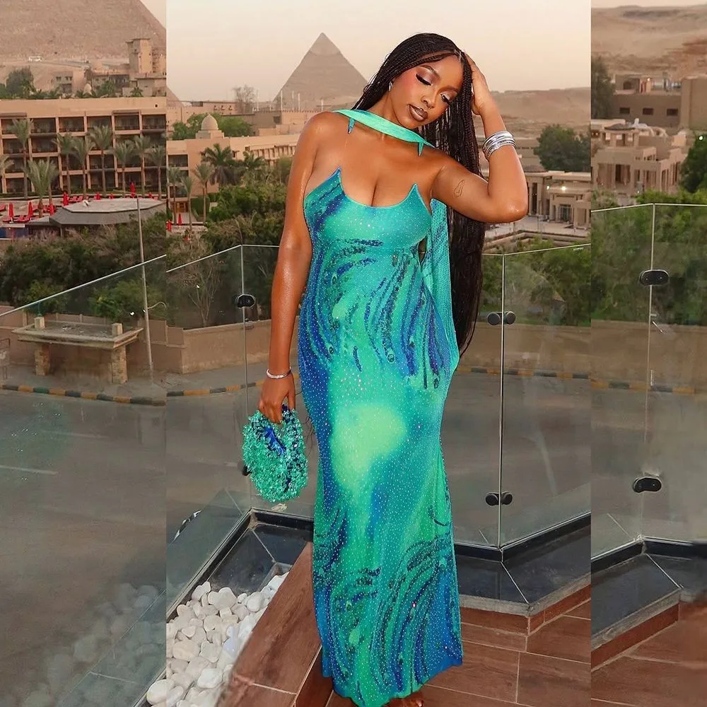 Abiti lunghi con stampa elegante attillata europea-americana Abiti lunghi da donna Moda Clubwear Abiti da sera senza maniche aderenti