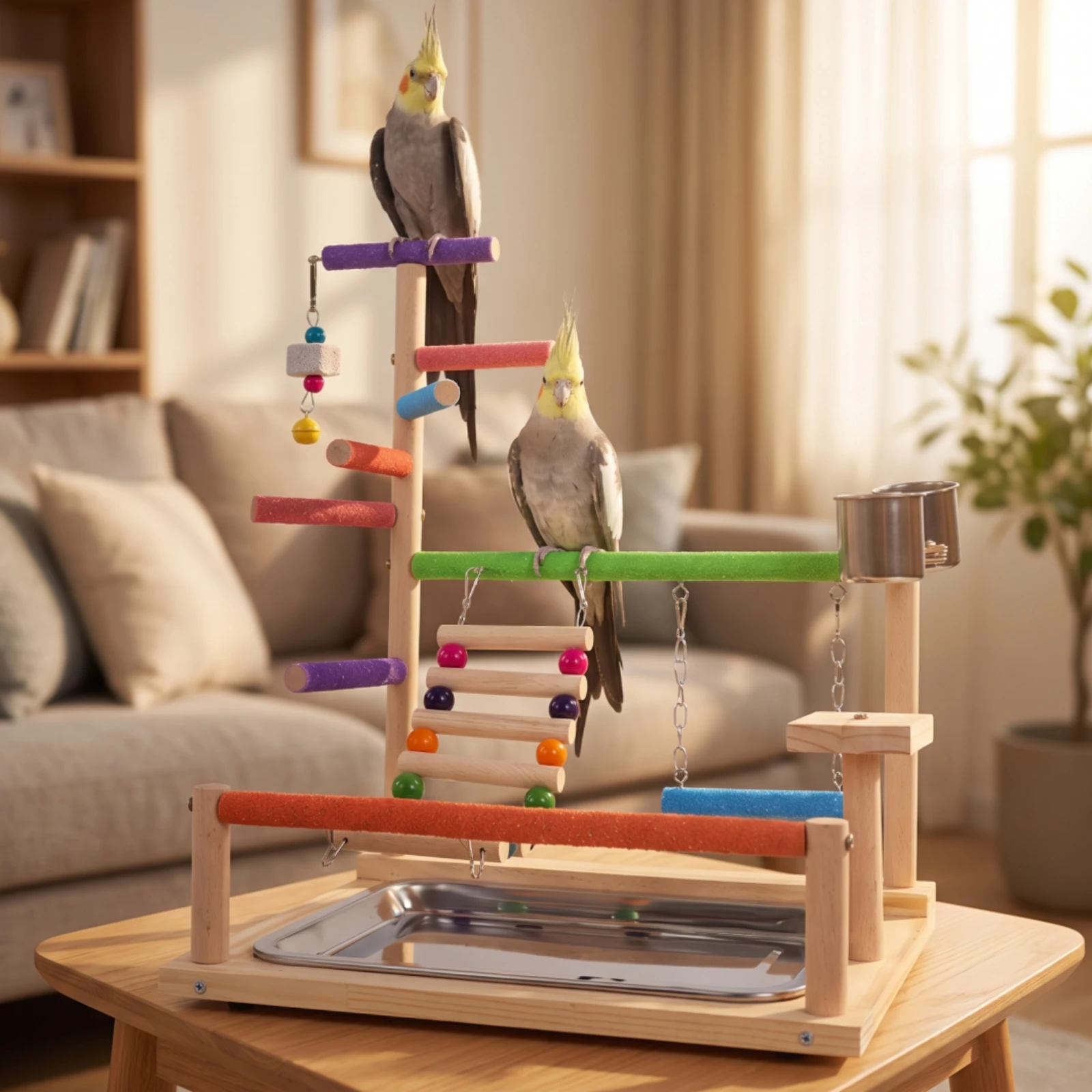 Parrot Playstand Tabletop Parrot Play Stand Bird Playstand with Feeder Cups Climbing Pet Supply Non for Parrots, Desk