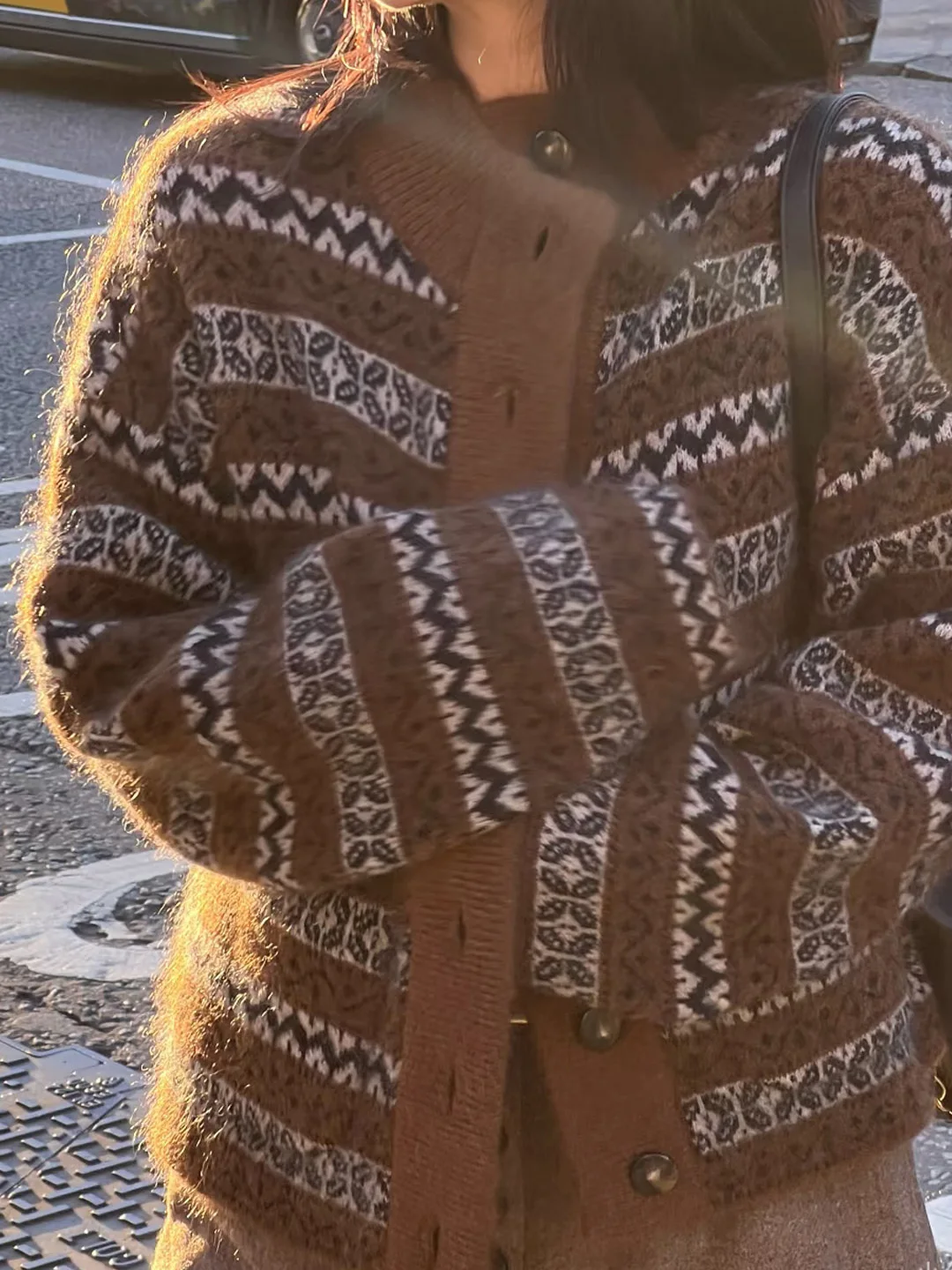 

Wool Blend Knitted Cardigan Women's Stand Collar Geometric Pattern Autumn Winter Faion Soft Comfortable Long Sve