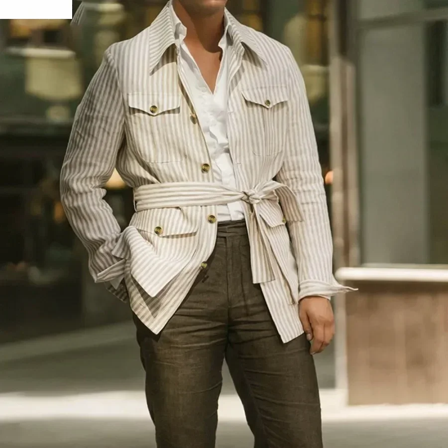 New  Spring Autumn Men's Clothing Trend Striped Multi-pocket Men Cardigan Suit Jackets Business Casual Lace-up Coats for Men
