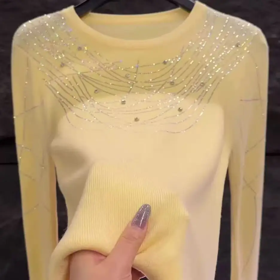 Sweater Rajut Mewah Bertabur Kristal Berkilau untuk Wanita, Musim Gugur Musim Dingin, Kerah Bulat, Warna Kuning, Atasan Rajut, Pullover